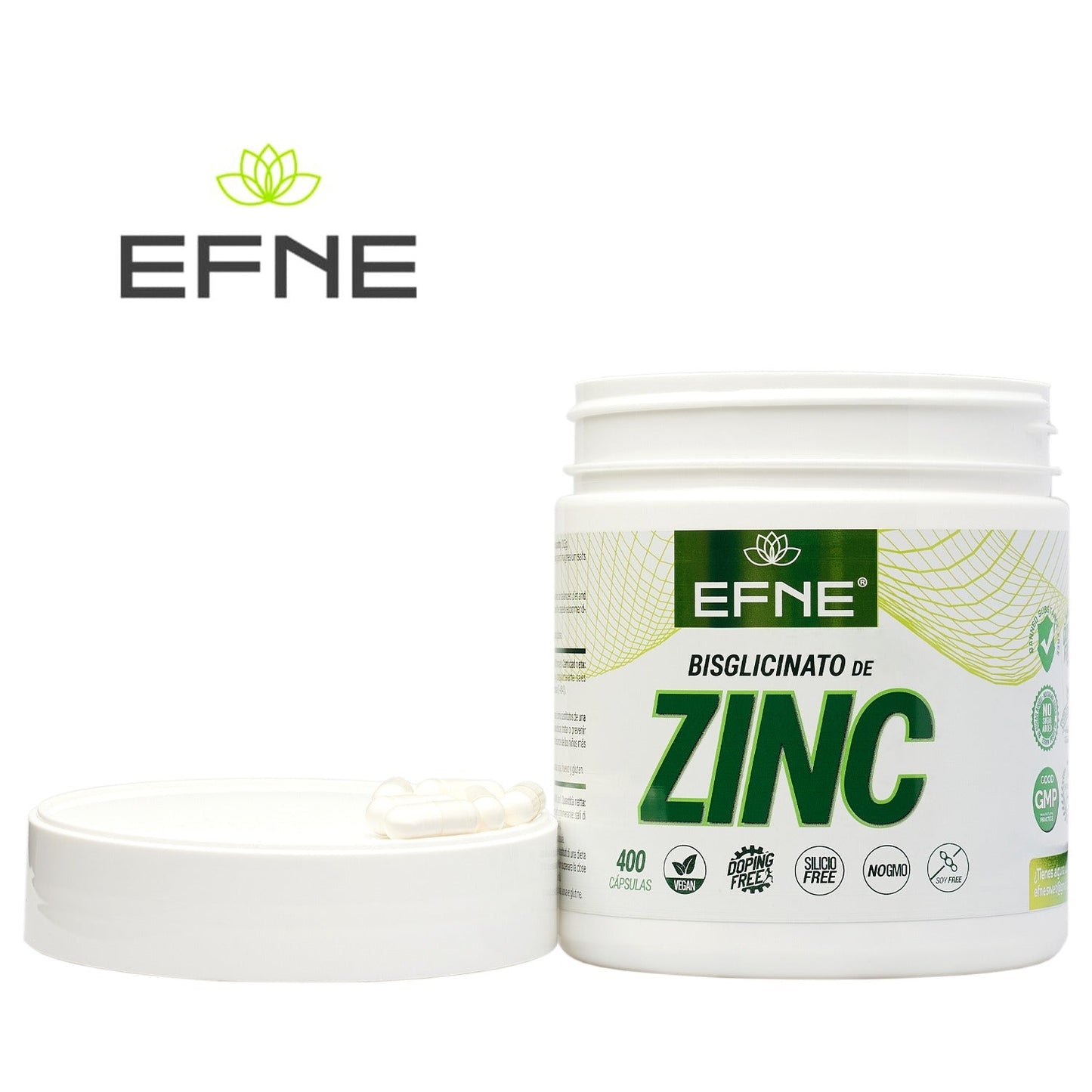 Cápsulas abiertas de zinc bisglicinato de EFNE en un frasco con varias cápsulas visibles.