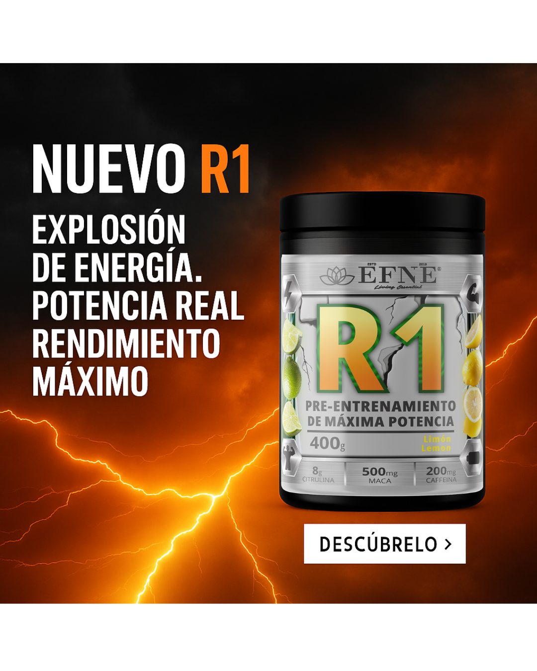 Suplemento de preentrenamiento EFNE R1 EFNE con cafeína y potenciadores de rendimiento, en envase con cápsulas blancas y negras.