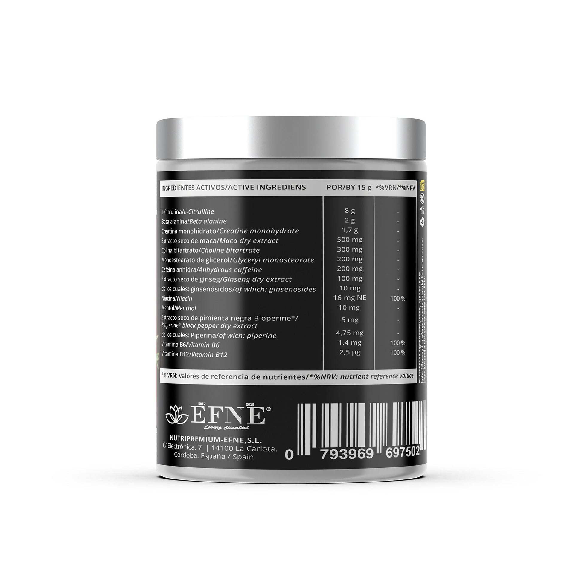Suplemento R1 EFNE preentrenamiento con sabor a limón, botella con polvo y etiqueta visible, para potenciar el rendimiento y energía.