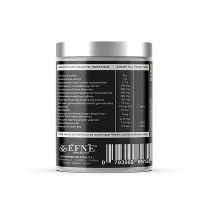 Suplemento R1 EFNE preentrenamiento con sabor a limón, botella con polvo y etiqueta visible, para potenciar el rendimiento y energía.