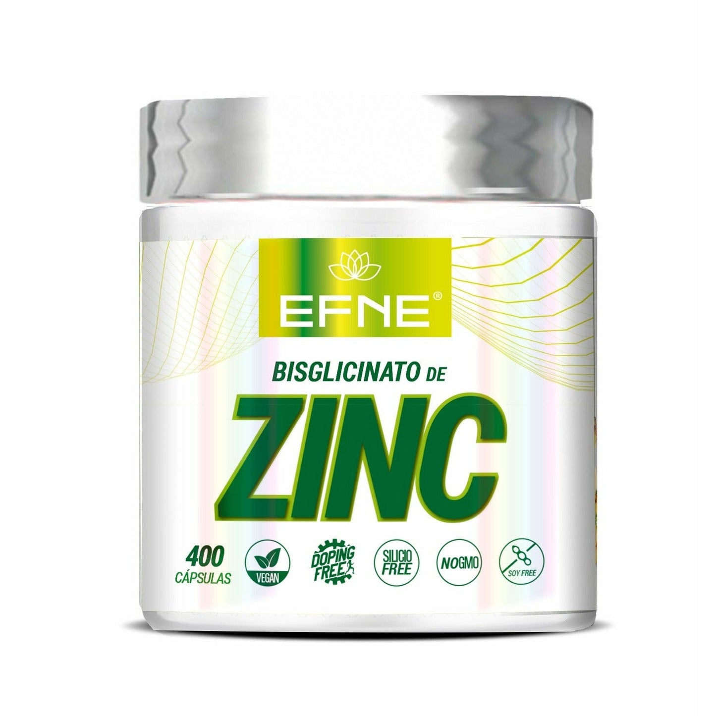Suplemento de bisglicinato de zinc EFNE en cápsulas, vista de la botella con varias cápsulas blancas.