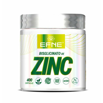 Suplemento de bisglicinato de zinc EFNE en cápsulas, vista de la botella con varias cápsulas blancas.