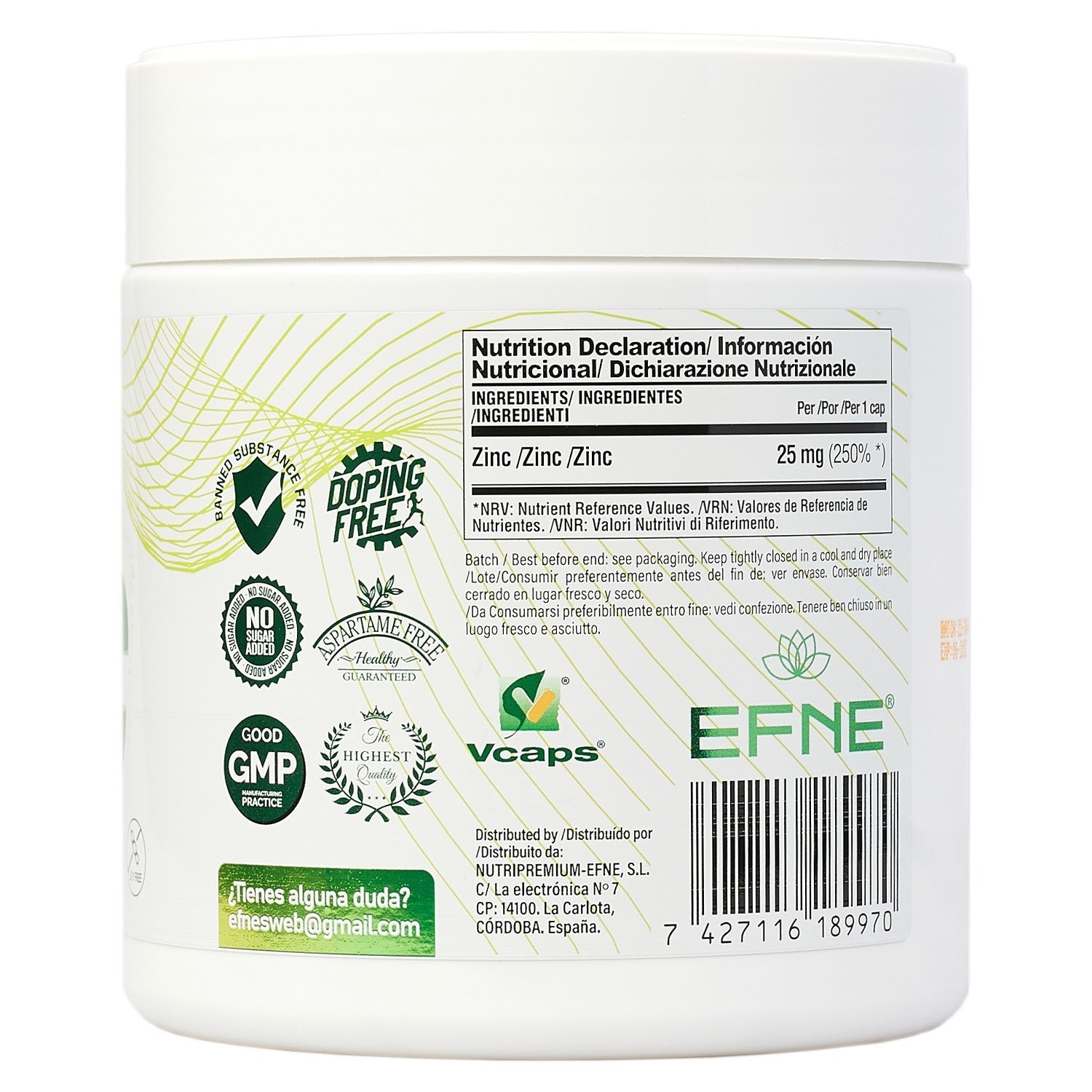 Suplemento de zinc bisglicinato EFNE en cápsulas, información nutricional en la etiqueta del producto.