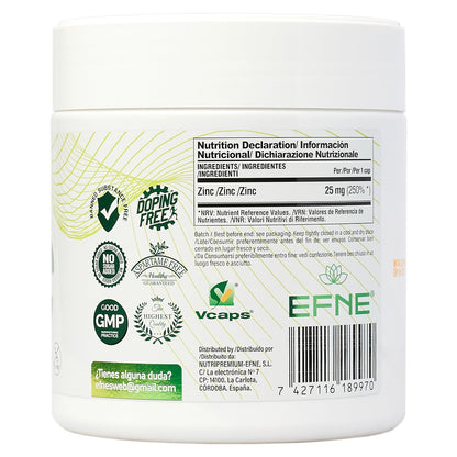 Suplemento de zinc bisglicinato EFNE en cápsulas, información nutricional en la etiqueta del producto.