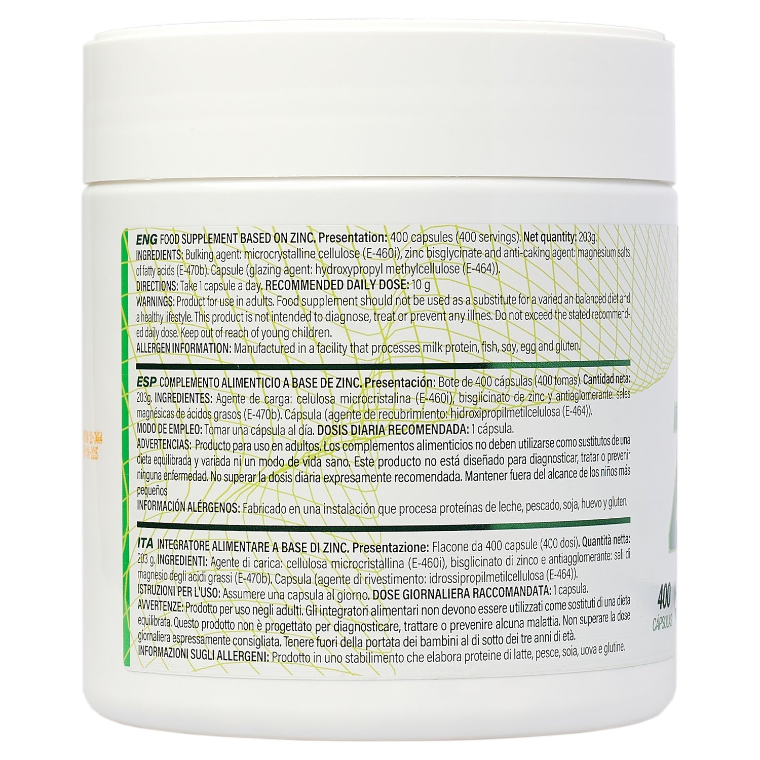 Suplemento de zinc bisglicinato de EFNE en cápsulas, imagen de ingredientes con zinc en la etiqueta del envase.