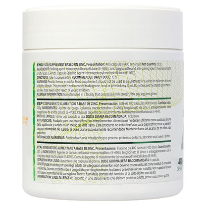 Suplemento de zinc bisglicinato de EFNE en cápsulas, imagen de ingredientes con zinc en la etiqueta del envase.