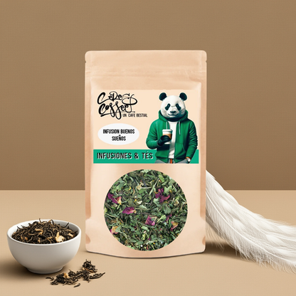Infusión Buenos Sueños de Ceres Coffee en taza, con hierbas relajantes y un ambiente tranquilo para dormir mejor.