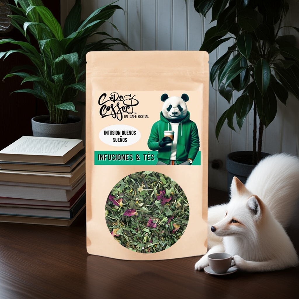 Infusión Buenos Sueños de Ceres Coffee en taza, con flores y hojas secas, transmitiendo calma y relajación.