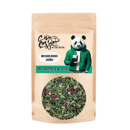 Infusión Buenos Sueños de Ceres Coffee en taza, con hierbas relajantes y aroma suave, perfecta para una noche tranquila.