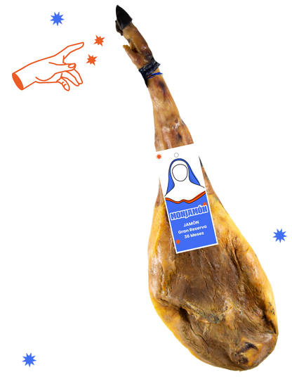 Jamón Gran Reserva de más de 36 meses de la marca MONJAMON Y MAS, lonchas finas y curadas en la imagen.