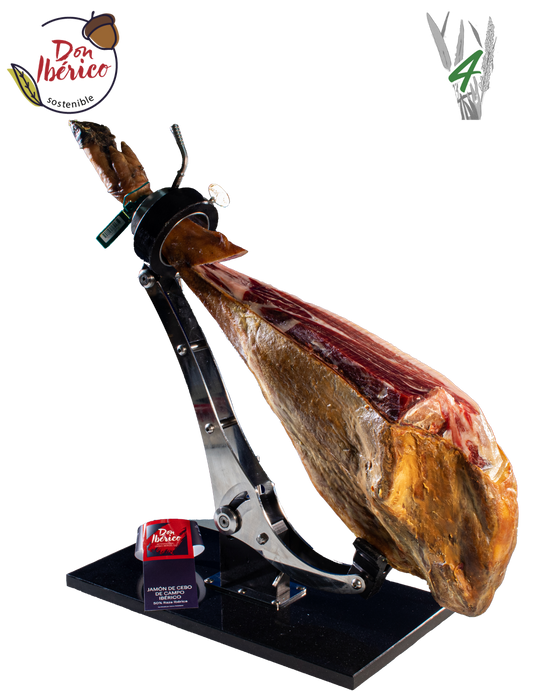 Jamón de Cebo de Campo Ibérico de 50% raza Ibérica, pieza en lonchas delgadas, con corte y textura visible, de la marca Monjamón y Más.