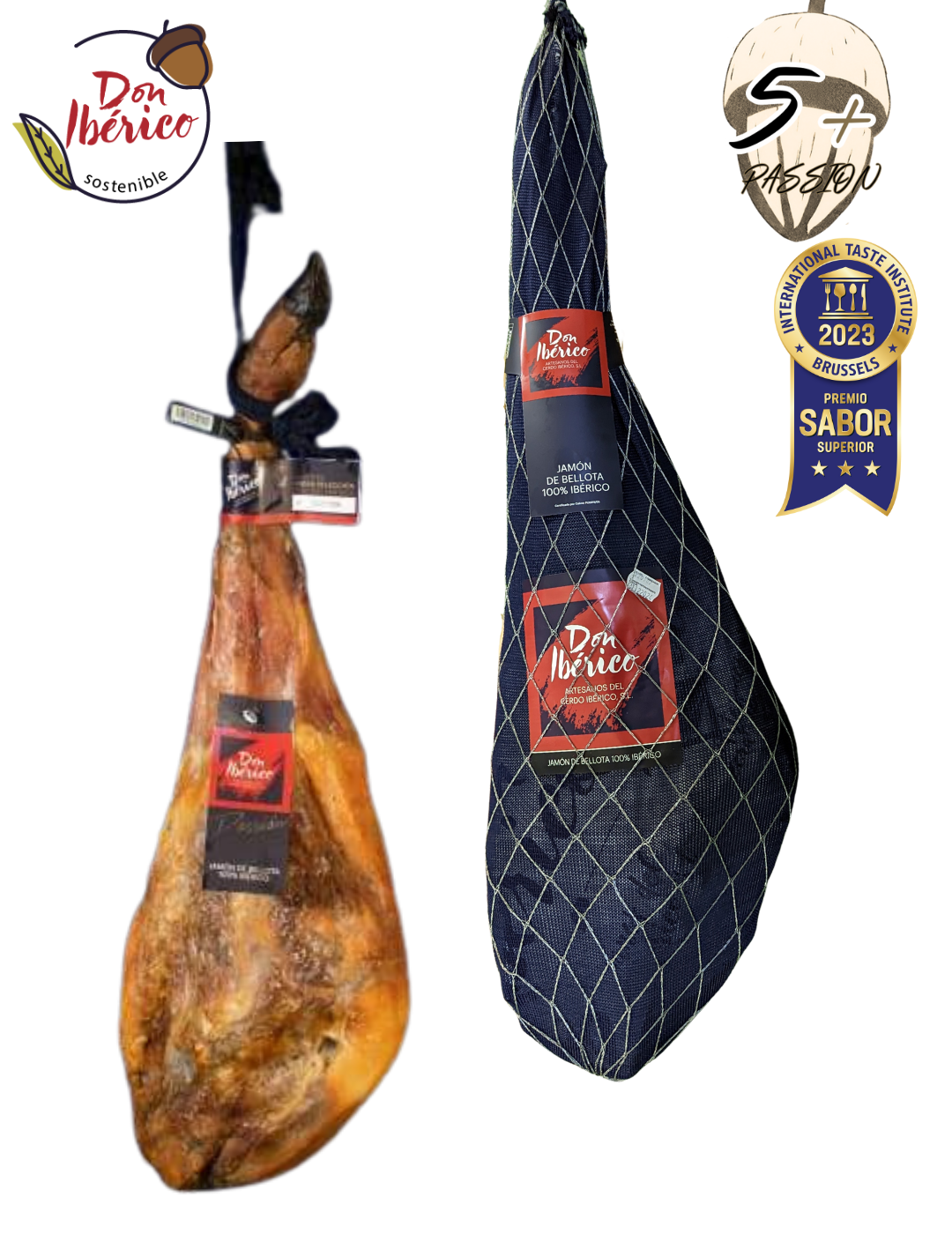 Jamón de Bellota 100% Ibérico de la marca MONJAMON Y MAS, corte en finas lonchas, presentado en 2 montaneras.