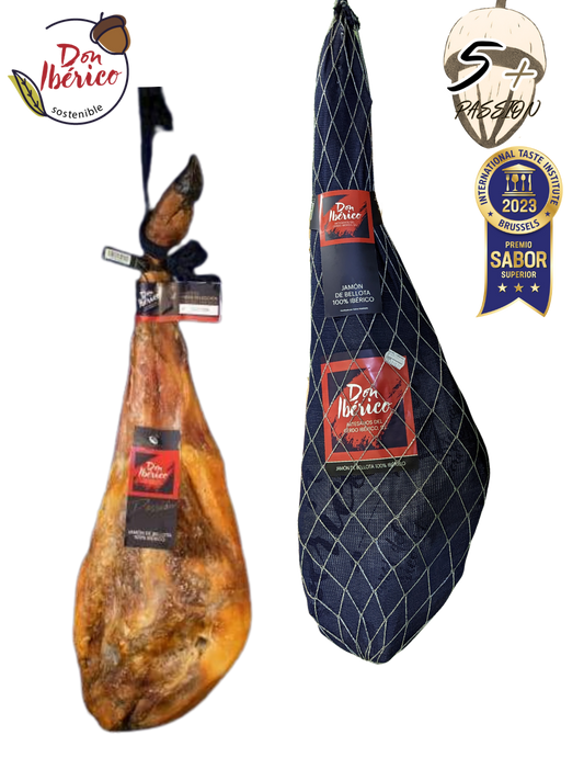 Jamón de Bellota 100% Ibérico de la marca MONJAMON Y MAS, corte en finas lonchas, presentado en 2 montaneras.