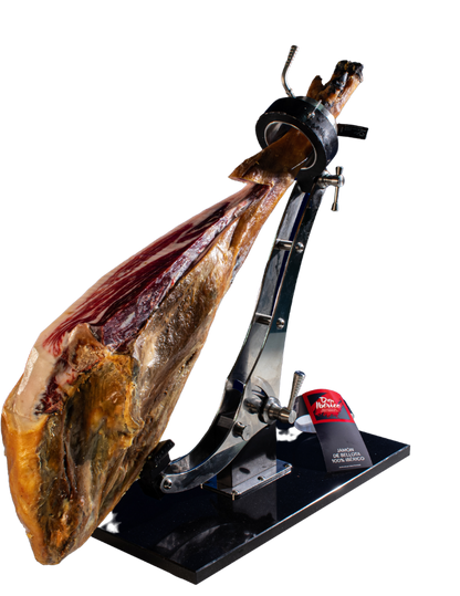 Jamón de Bellota 100% Ibérico MONJAMON Y MAS en lonchas finas, con grasa intramuscular y textura marmoleada.