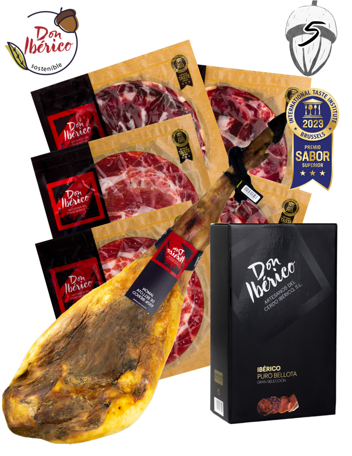 Jamón de Bellota 100% Ibérico de MONJAMON Y MAS, lonchas finas en bandeja, destacando su textura y color dorado.