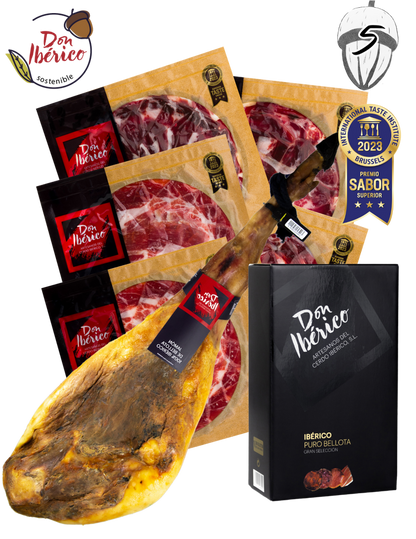 Jamón de Bellota 100% Ibérico de MONJAMON Y MAS, lonchas finas en bandeja, destacando su textura y color dorado.