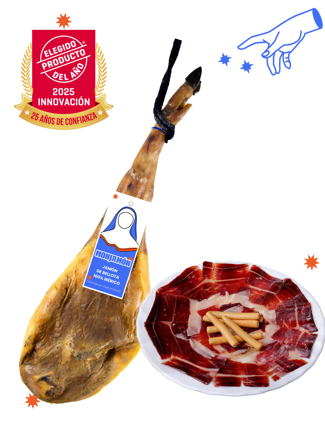 Jamón de Bellota 100% Ibérico de 42 meses en lonchas, presentado en plato con cuchillo, de la marca MONJAMON Y MAS