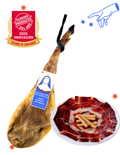 Jamón de Bellota 100% Ibérico de 42 meses en lonchas, presentado en plato con cuchillo, de la marca MONJAMON Y MAS