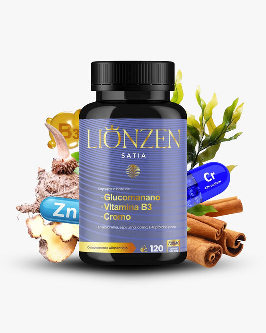 Suplemento alimenticio Lionzen Satia en envase con cápsulas, diseño de la marca Lionzen sobre fondo blanco