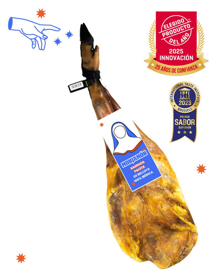 Jamón ibérico de bellota 100% con más de 30 meses de curación, en lonchas finas, presentado por Monjamón y Más.