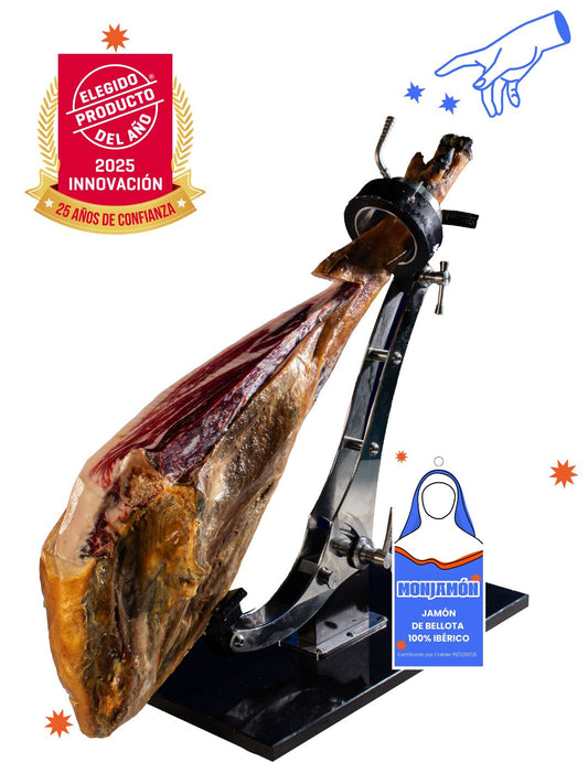 Jamón de Bellota 100% Ibérico MONJAMON Y MAS, certificado BRIDA NEGRA, lonchas finas en plato con textura y color ricos