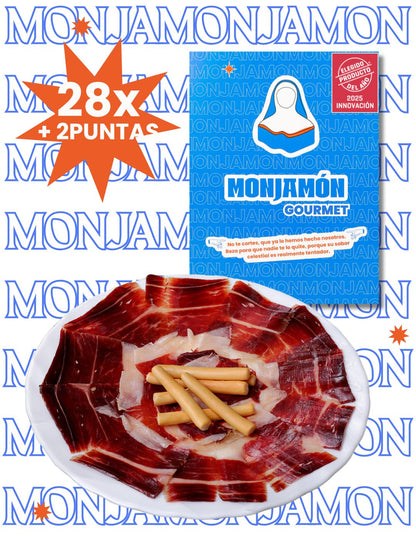 Jamón de Bellota 100% Ibérico de más de 42 meses, certificado Brida Negra, en lonchas finas y sabor intenso.