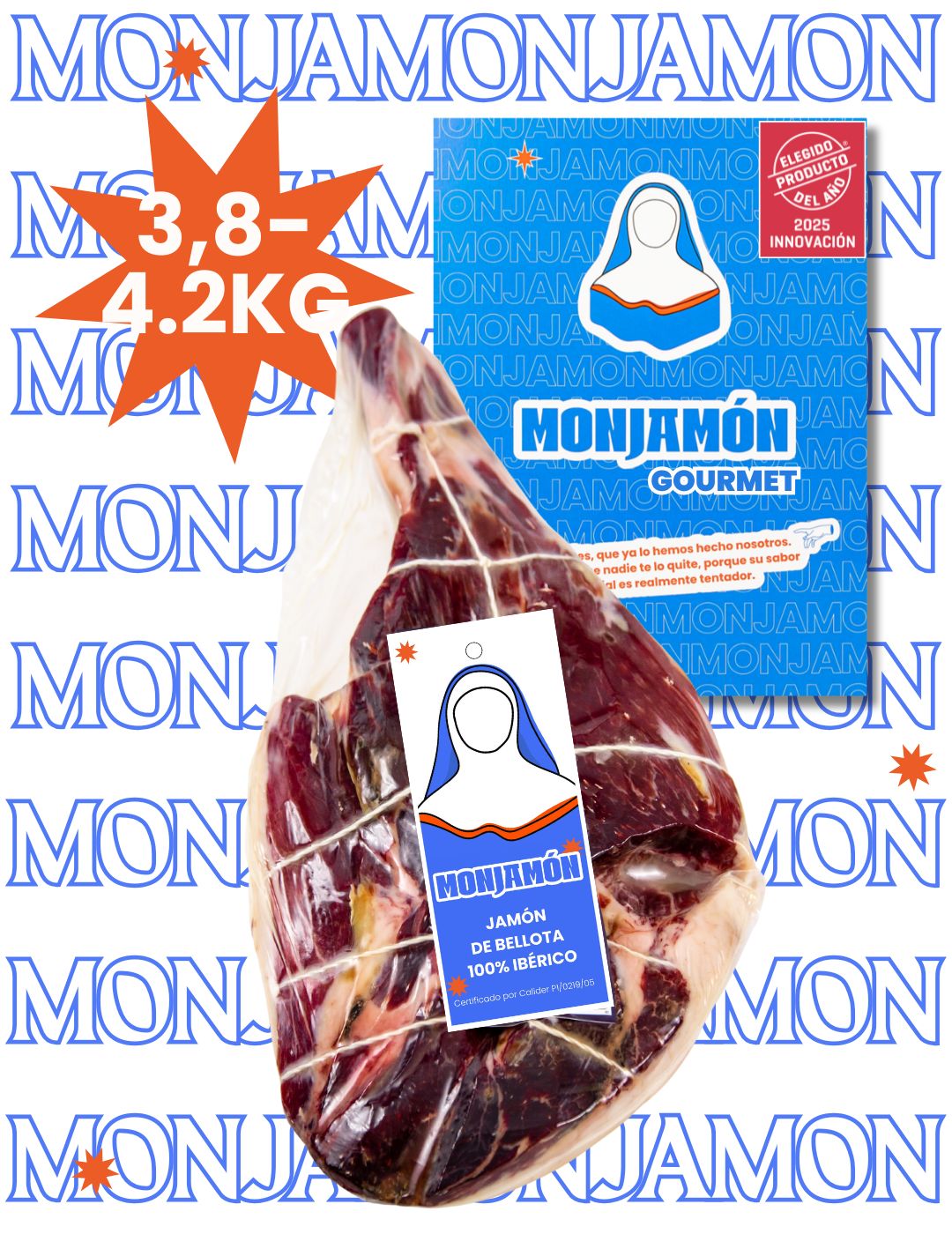 Jamón de Bellota 100% Ibérico MONJAMON Y MAS, cortado en lonchas finas, con certificación Brida Negra, madurado más de 42 meses.