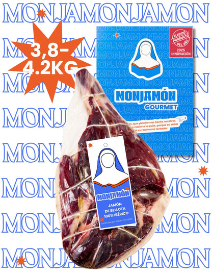 Jamón de Bellota 100% Ibérico MONJAMON Y MAS, cortado en lonchas finas, con certificación Brida Negra, madurado más de 42 meses.