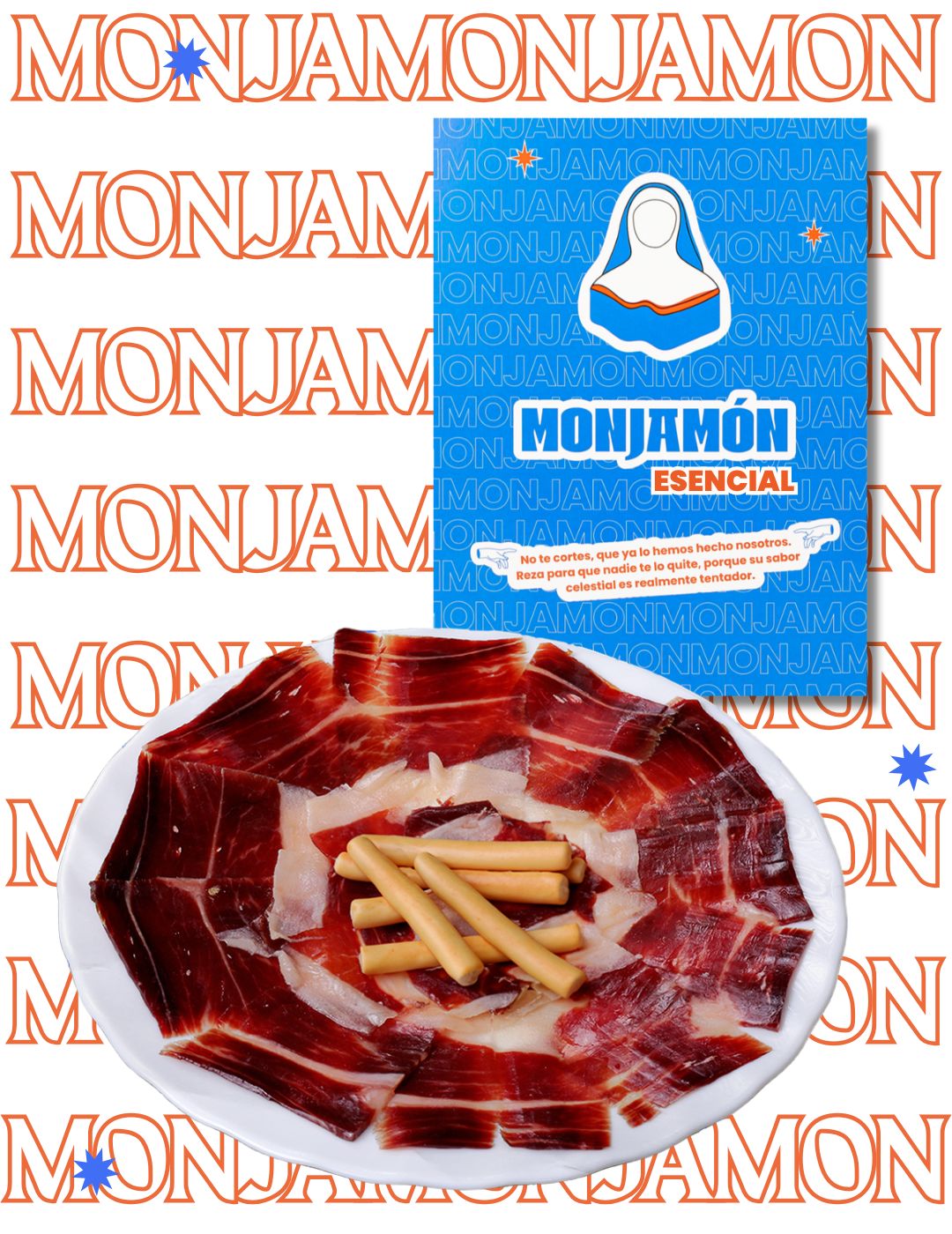 Jamón Gran Reserva MONJAMON Y MAS con más de 36 meses de curación, presentación en lonchas finas y color rosado intenso.