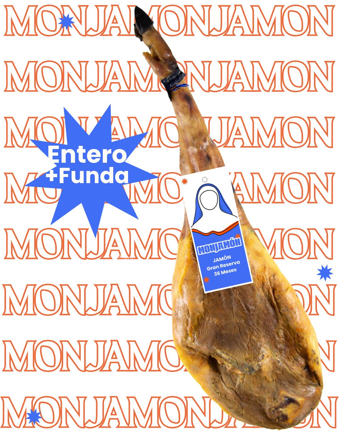 Jamón Gran Reserva de 36 meses de la marca MONJAMÓN Y MÁS, con lonchas finas y color intenso en una tabla.