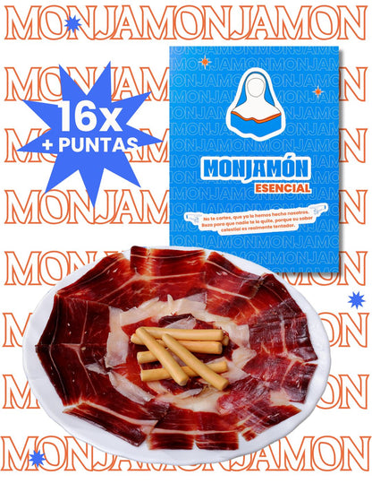 Jamón Gran Reserva MONJAMON Y MAS con más de 36 meses de curación, lonchas finas en una tabla de madera.