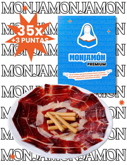 Jamón Monjamón Pasión +50 meses, corte con grasa y carne, presentación en lonchas finas, marca Monjamón y Más.