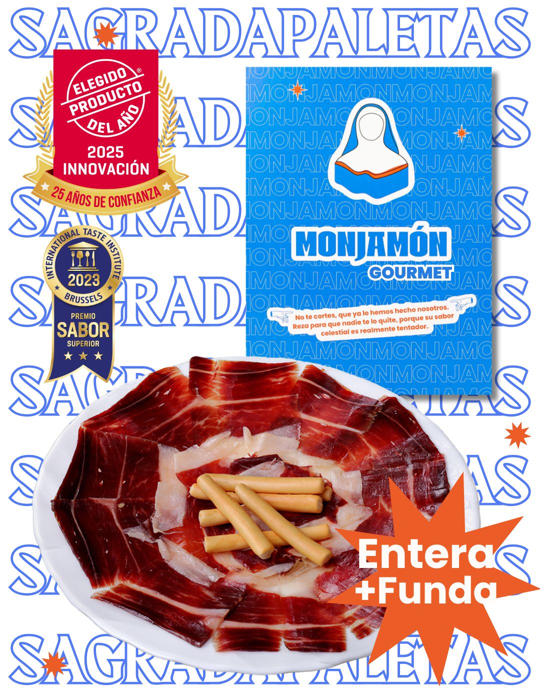 Jamón ibérico de bellota 100% con más de 30 meses de curación, cortes visibles, en presentación de sagrada paleta.