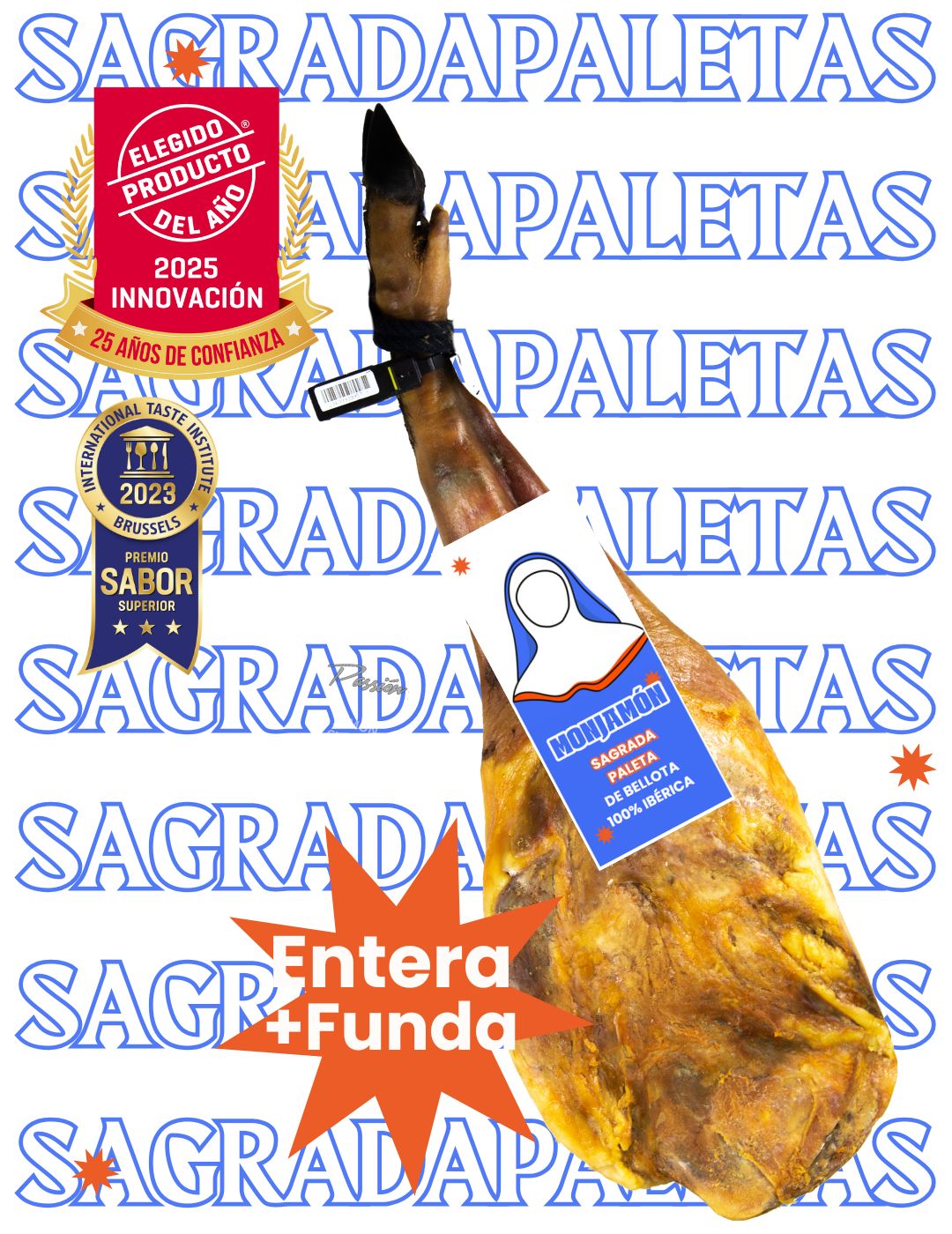 Jamón ibérico de bellota 100% de más de 30 meses de curación, presentado en una tabla con rebanadas y aceite de oliva.
