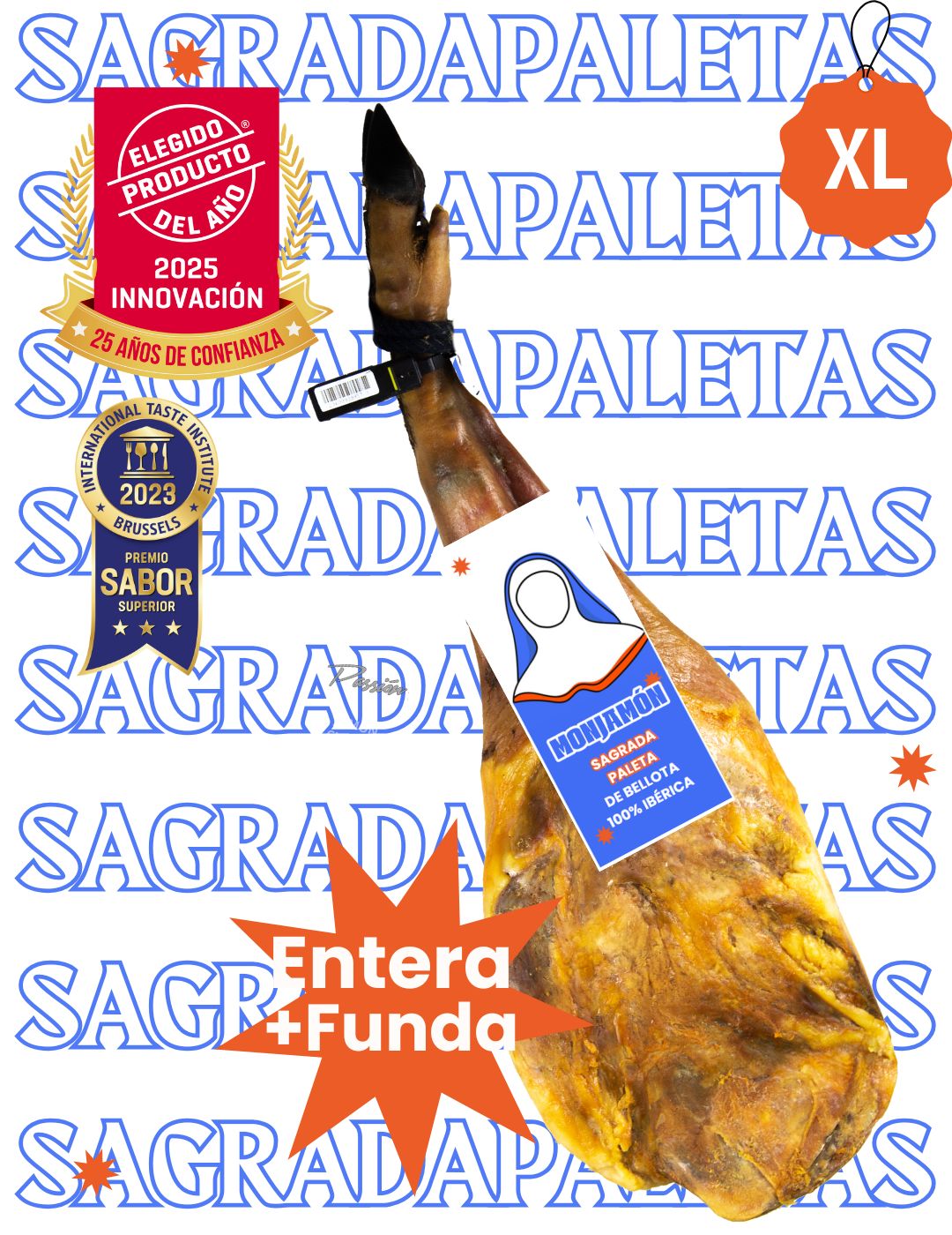 Jamón ibérico de bellota 100% con más de 30 meses de curación, presentado en rebanadas en una tabla.