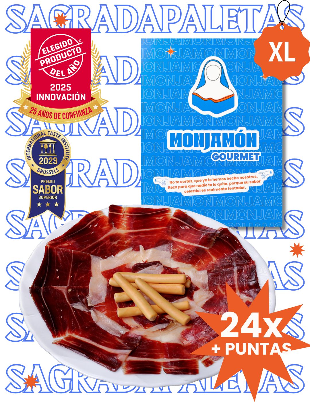 Jamón ibérico de bellota 100% de más de 30 meses de curación, cortes visibles en una tabla, marca MonJamon y Más.