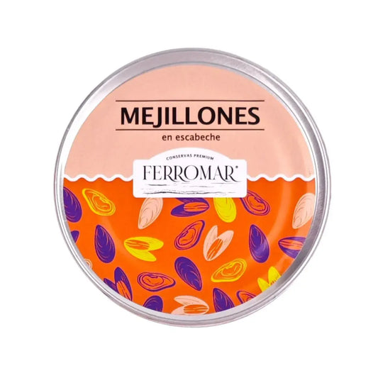 Mejillones en escabeche grandes de Conservas FerroMAR, 7/10 piezas, en frasco con mejillones en escabeche visible.
