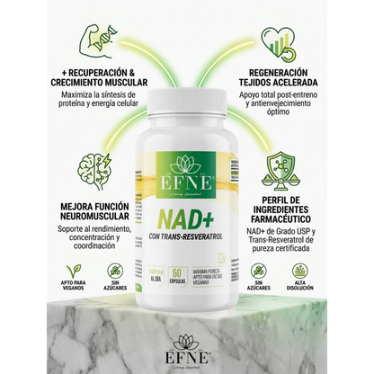 Beneficios del NAD con Trans-Resveratrol de EFNE, suplemento para potenciar la longevidad y vitalidad después de los 40.