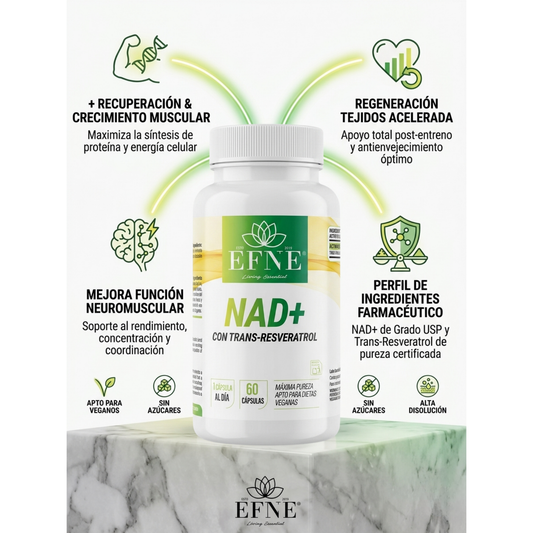 Beneficios del NAD con Trans-Resveratrol de EFNE, suplemento para potenciar la longevidad y vitalidad después de los 40.
