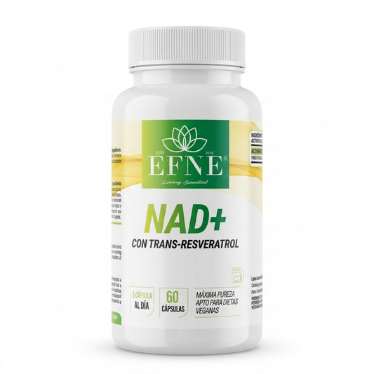 Suplemento EFNE NAD con Trans-Resveratrol, frasco con cápsulas, activador de longevidad para mayores de 40 años.