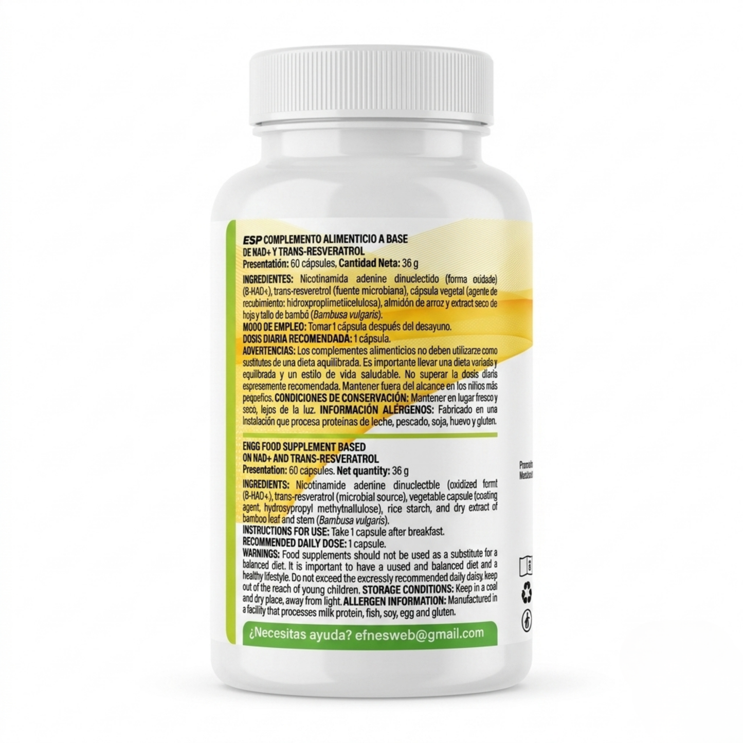 Suplemento EFNE NAD con Trans-Resveratrol, activador de longevidad para quienes viven al máximo después de los 40 años, en envase informativo