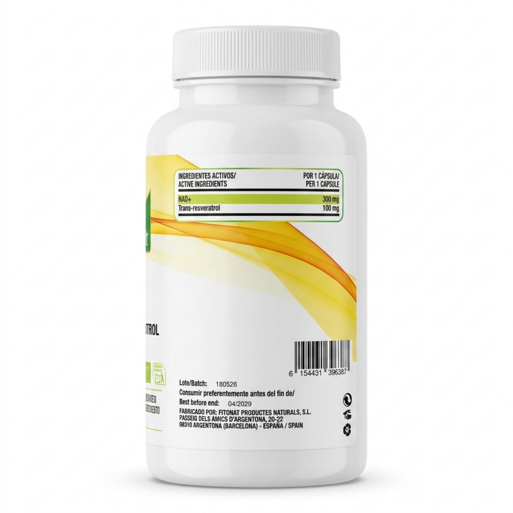 Suplemento EFNE NAD con Trans-Resveratrol, activador de longevidad para mayores de 40 años, en envase con cápsulas blancas y etiqueta.