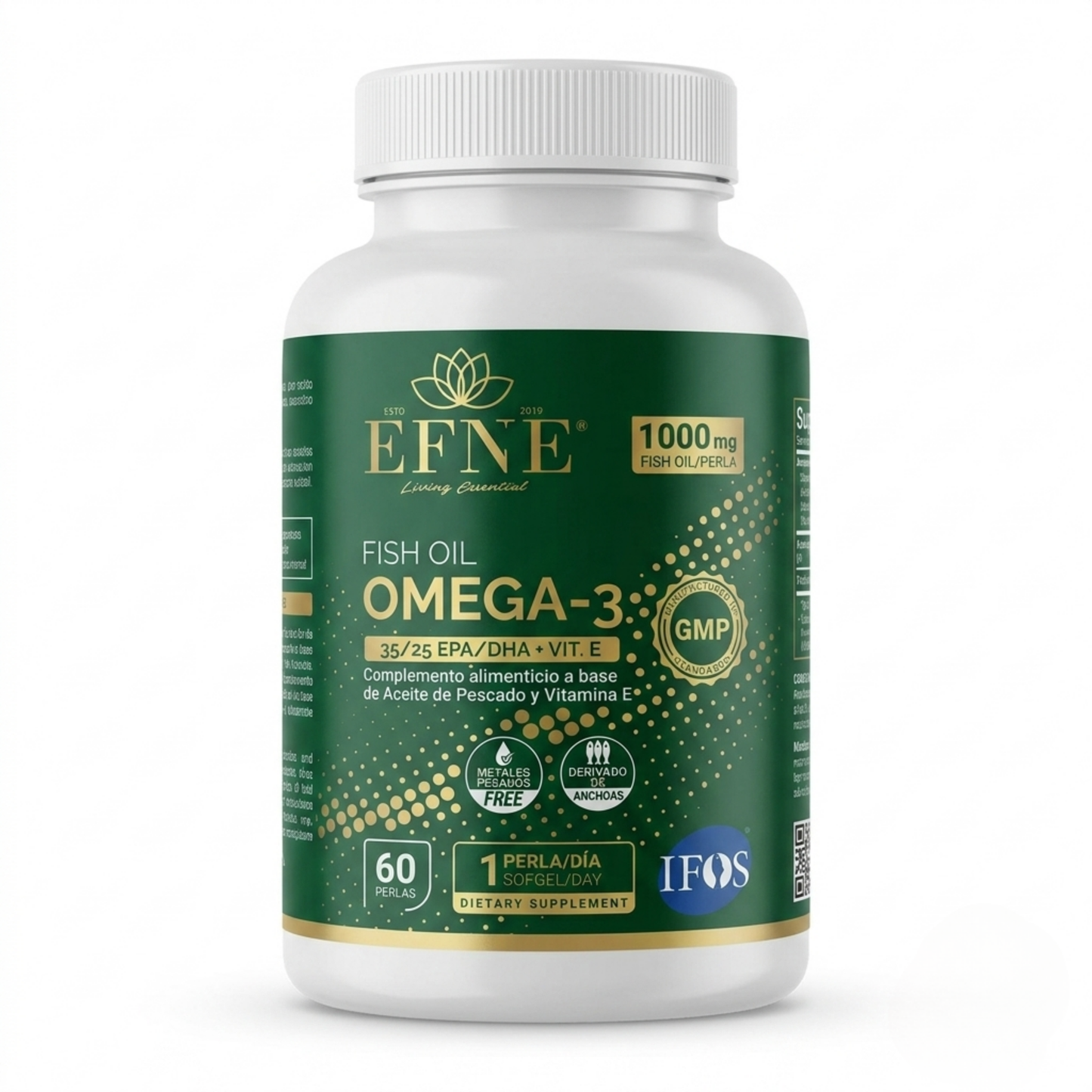 Suplemento de Omega-3 EFNE con 1000mg, alta concentración EPA/DHA y certificado IFOS 5 estrellas, en cápsulas.