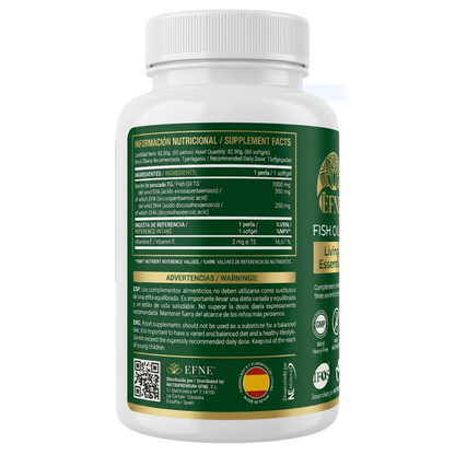 Suplemento de Omega-3 EFNE 1000mg con alta concentración EPA y DHA, certificado IFOS 5 estrellas, en envase con etiqueta.