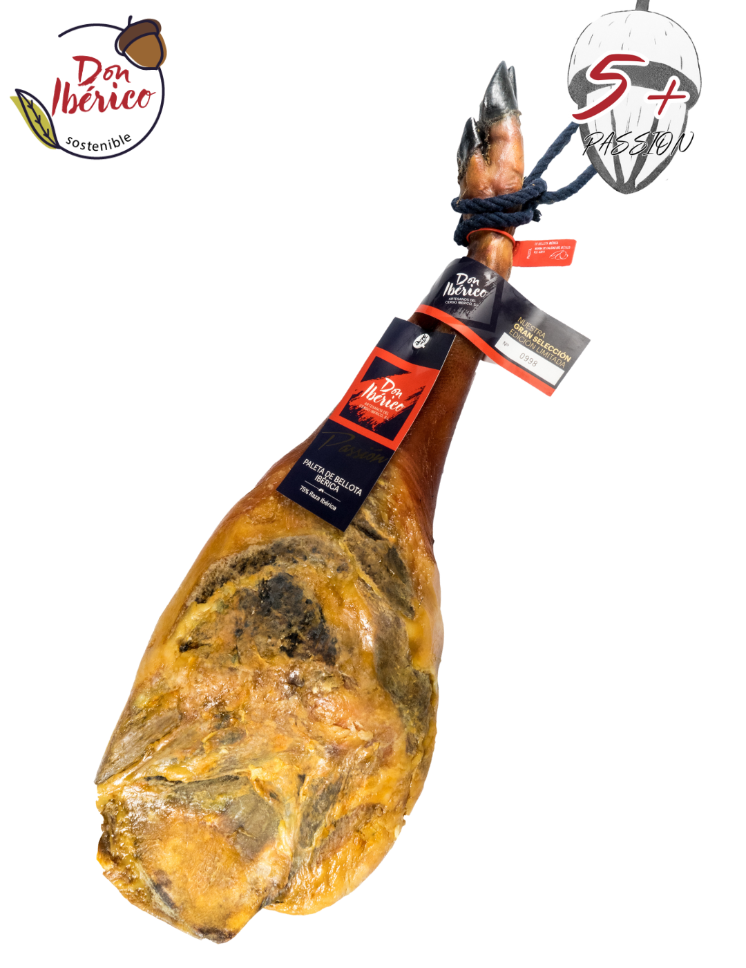 Jamón de Bellota Ibérica 75% raza ibérica de la marca Monjamón y Más, con lonchas finas y color rojo intenso.