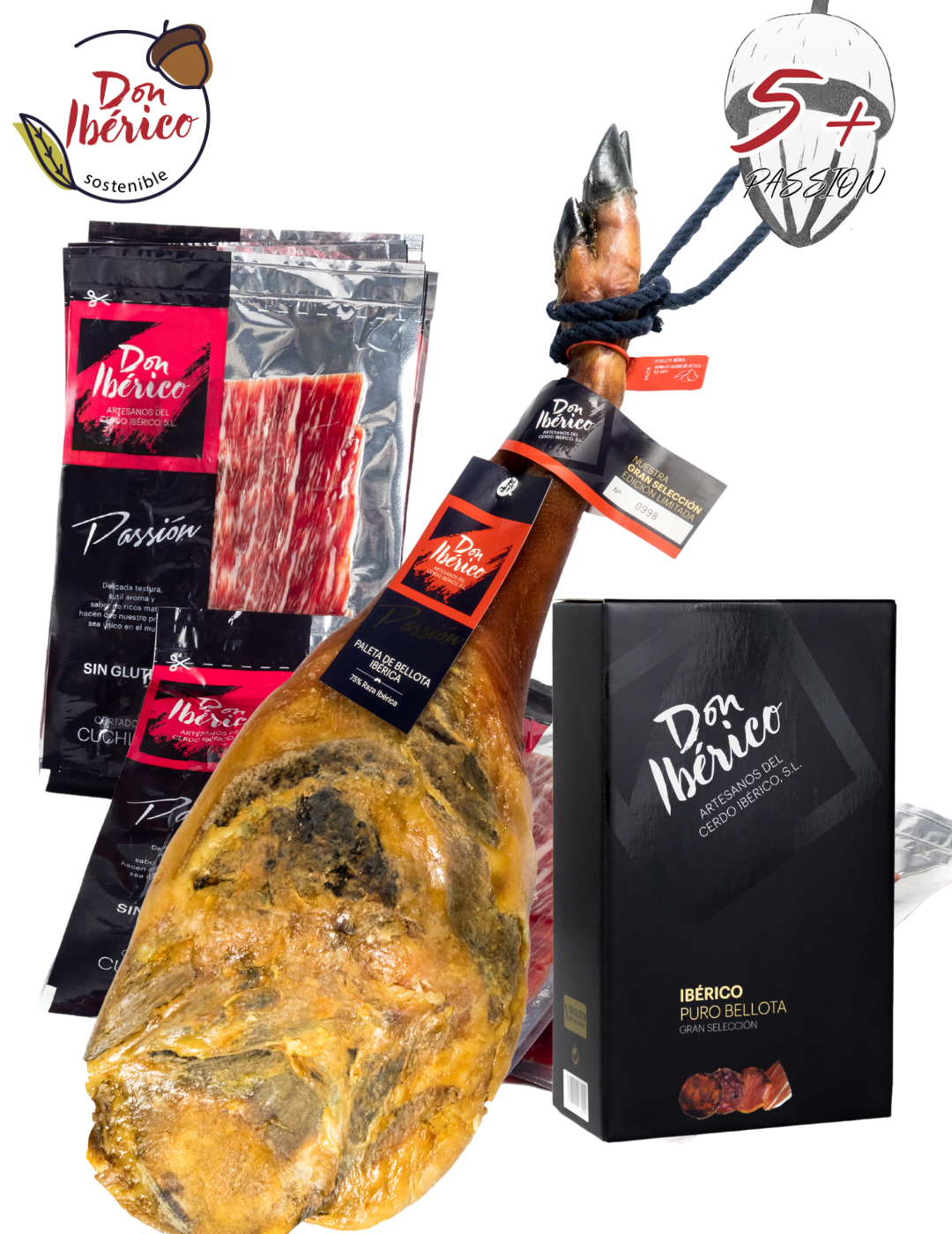 Jamon de bellota ibérica 75% raza ibérica de la marca Monjamon y Mas, lonchas finas en plato de cerámica.