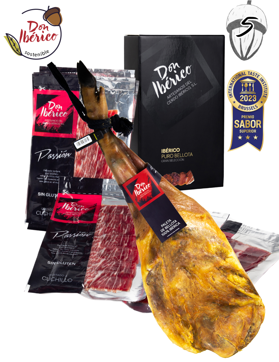 Jamon ibérico Bellota 100% Montanera de la marca MONJAMON Y MAS en lonchas finas sobre fondo blanco.