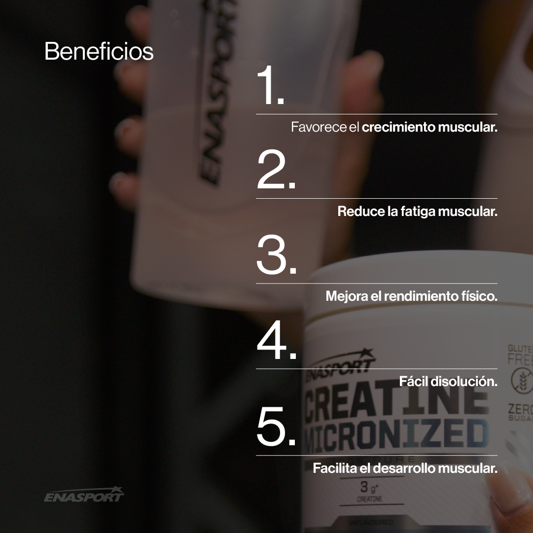 Creatina Monohidrato individual de Enasport en envase blanco, muestra el producto en paquete con etiqueta visible.