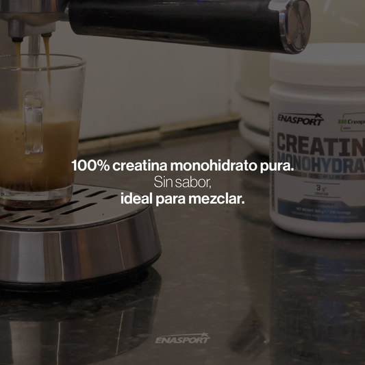 Polvo de creatina monohidrato individual de la marca Enasport en un envase plástico.