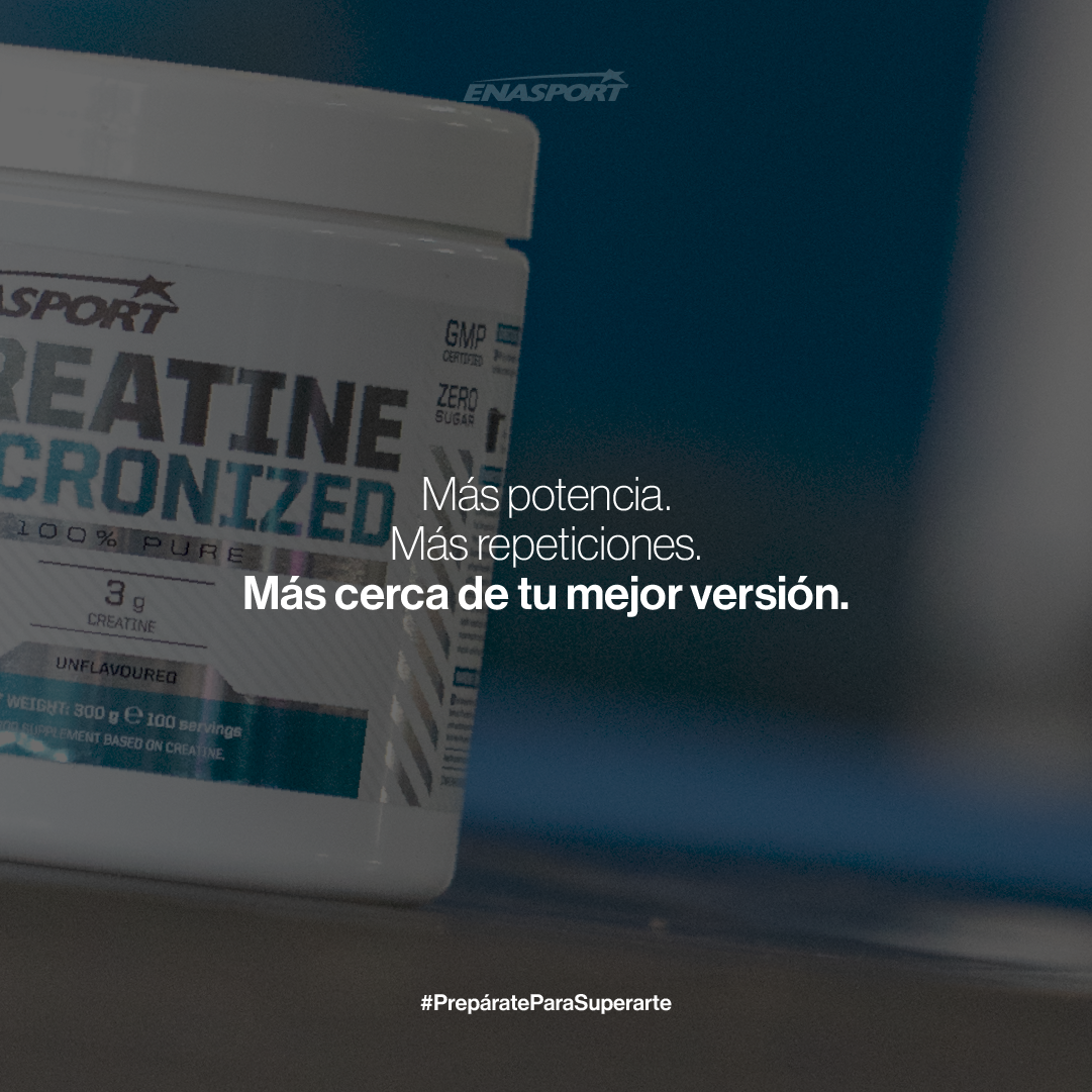 Creatina monohidrato individual de Enasport en envase con polvo blanco para suplementación deportiva.